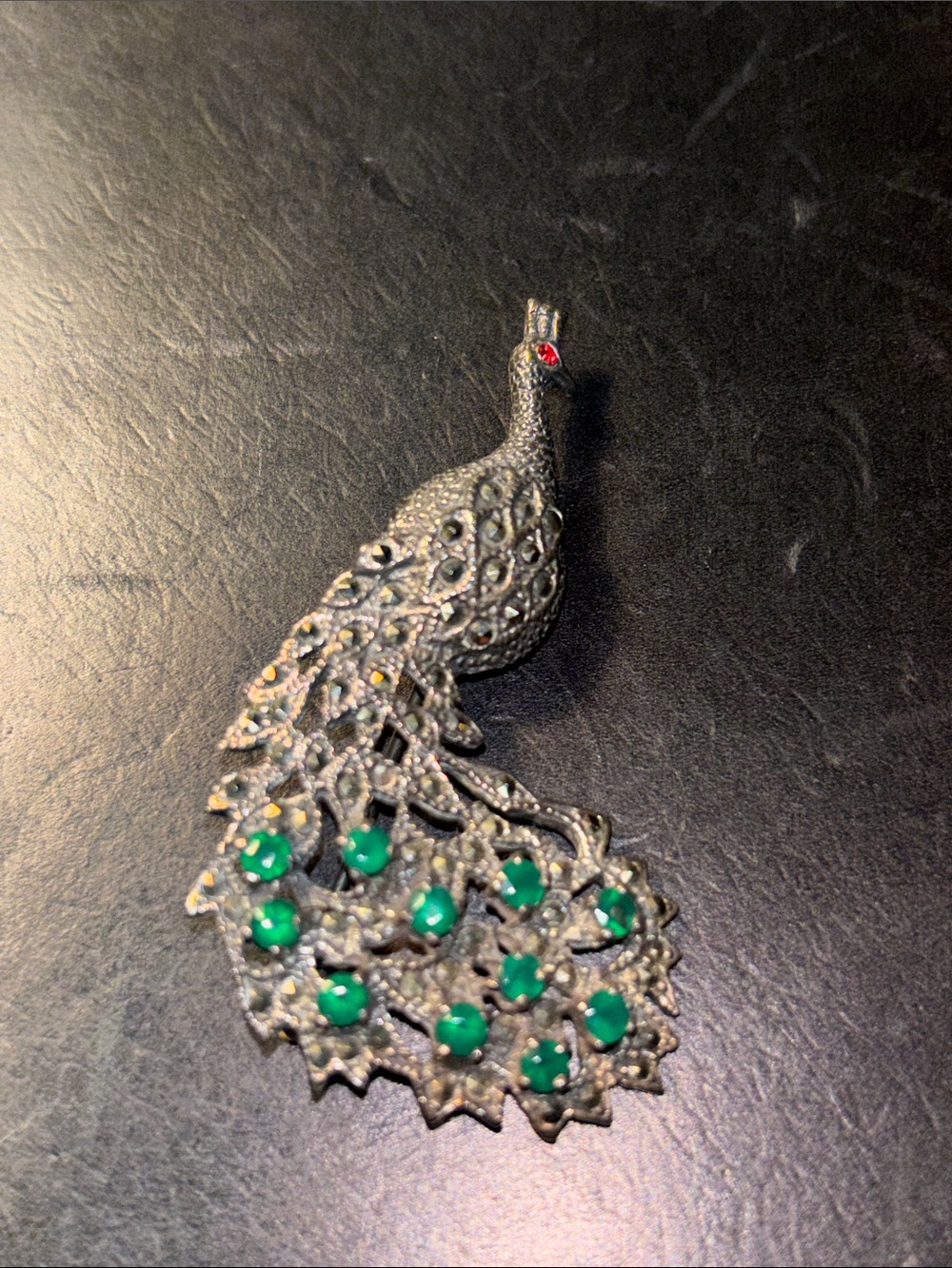 Sterling silver peacock pin with semi precious stones and marcasite